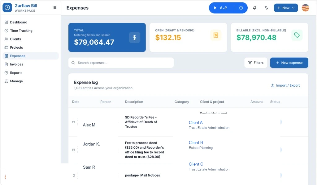 Zurflaw Bill expenses dashboard with totals and expense log