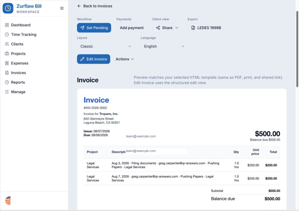 Zurflaw Bill invoice preview with line items and actions