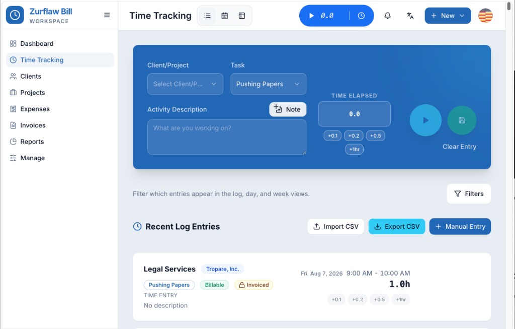 Zurflaw Bill time tracking screen with timer and recent entries